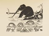un dessin représentant un éléphant dans l'eau avec d'autres animaux