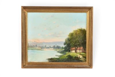 une peinture à l'huile représentant une scène fluviale avec une maison et des arbres au premier plan