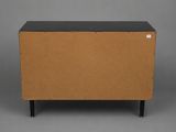 a brown cabinet with a black top on a grey background