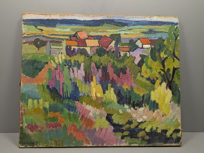 une peinture à l'huile représentant un paysage avec des maisons et des arbres