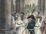 a painting of a man and a woman standing in front of a building