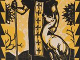 une affiche noire et jaune représentant un saint tenant un bâton