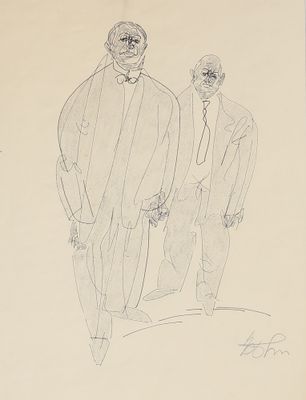 dessin représentant deux hommes debout côte à côte, en costume-cravate