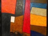 abstract painting of multicolored shapes in a black frame