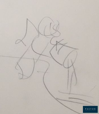 drawing of a person sitting on a bench with a dog