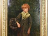 portrait d'un jeune garçon tenant un panier de fleurs, dans un cadre doré