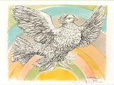 drawing of a white bird with wings spread in front of a rainbow