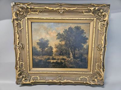 a painting of a landscape with trees in a gold frame