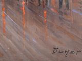a painting of people walking in the rain with umbrellas