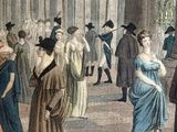 a painting of a group of people standing in a building