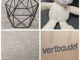 four pictures of a teddy bear that is in a box