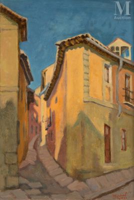 painting of a street scene with a yellow building and a blue sky in the background