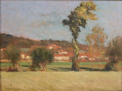 an image of a painting of a field with trees and buildings in the background