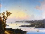 tableau représentant une vue d'une baie avec des bateaux à l'eau