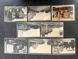 several old black and white photos of a train station with people