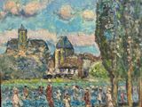 painting of a painting of people in a field with a castle in the background