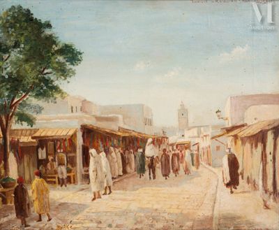 tableau représentant une scène de rue avec des passants et des magasins au loin