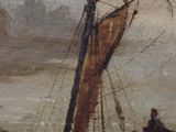 painting of a boat in a body of water with people standing on it