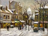 painting of people walking down a snowy street in a european city