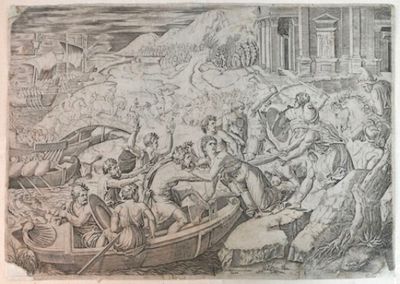 dessin représentant un groupe de personnes dans un bateau sur un plan d'eau