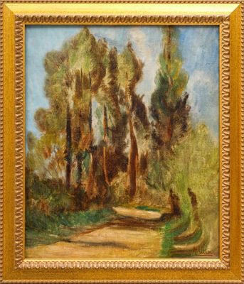 une peinture d'un chemin de terre avec des arbres en arrière-plan