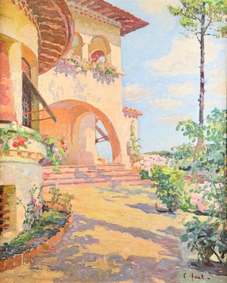 une peinture à l'huile représentant une maison avec un balcon orné de fleurs