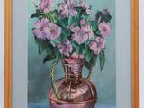 painting of flowers in a copper vase on a blue background