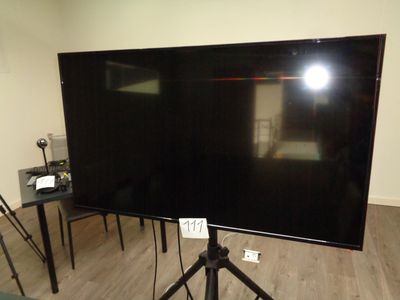 un grand téléviseur à écran plat posé sur un trépied dans un salon