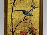 painting of a bird perched on a branch of a tree with flowers