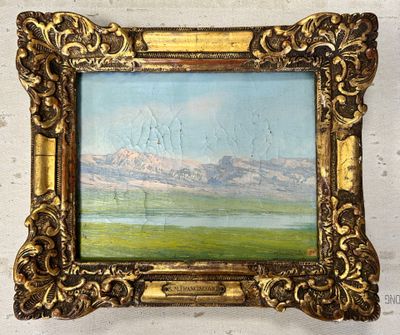 peinture d'un paysage avec des montagnes en arrière-plan