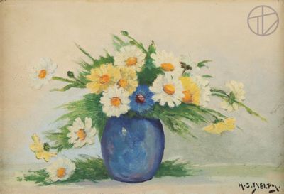 un tableau représentant un vase bleu contenant des fleurs jaunes et blanches