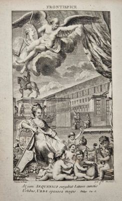 une gravure représentant un dessin d'un ange dans le ciel, au-dessus d'un groupe de personnes