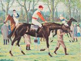 une peinture représentant un homme à cheval dans un champ