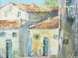 an oil painting of a street scene with a horse and a building