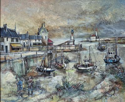une peinture représentant une scène portuaire avec des bateaux dans l'eau