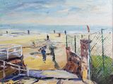 une peinture de personnes sur la plage au bord de l'eau