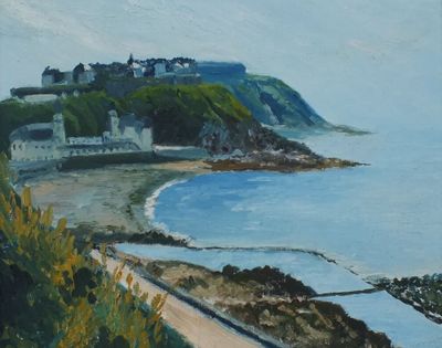 un tableau représentant une vue sur une plage depuis une colline