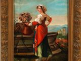 an oil painting of a woman in a red dress standing next to a dog
