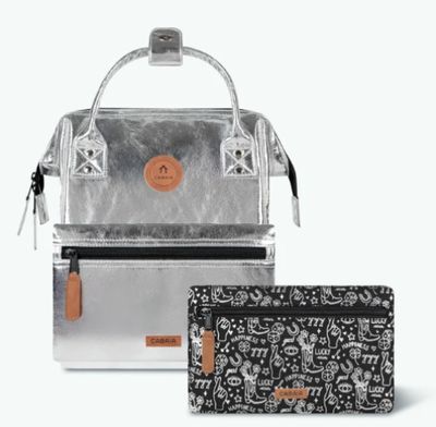 a black and white lunch bag and a silver lunch bag