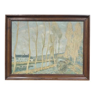 an image of a painting of a landscape with trees and a house