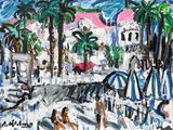un tableau représentant une scène de plage avec des palmiers et des parasols
