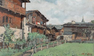 a painting of a village with a fence in the foreground