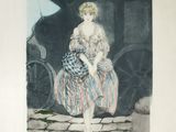 tableau représentant une femme en robe rayée debout devant une calèche
