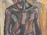 an oil painting of a man sitting in a chair with his legs crossed