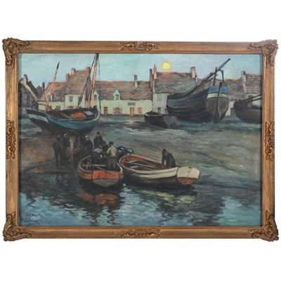 une peinture à l'huile représentant des bateaux dans un port avec des bâtiments à l'arrière-plan