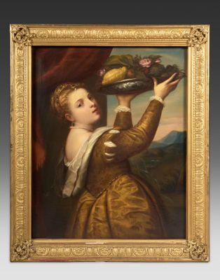 une peinture représentant une femme tenant une corbeille de fruits à la main