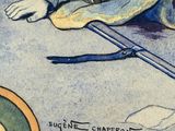 a painting of a man sitting on the ground with a pair of skis