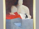 an oil painting of a man laying on a bed with a cat