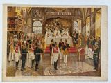 tableau représentant un groupe d'hommes en uniforme debout devant une table
