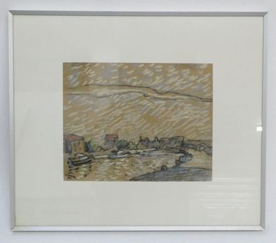 peinture d'une scène de plage avec des bateaux dans l'eau